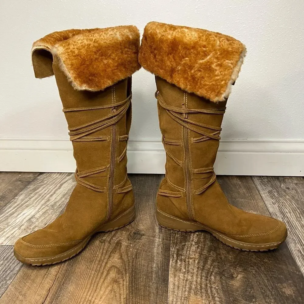 Ruff Hewn Womens Suede Shearling Fold Over Tall Boot Tan Fairycore Y2K Style
